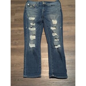 True Religion Halle Mid Rise Capri Jeans 28 Distressed Ripped Medium Wash Blue